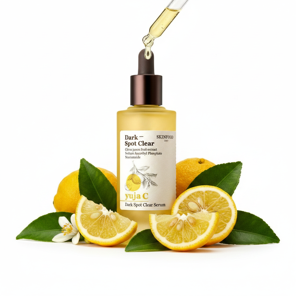Golden Yuja C serum drop from dropper with fresh yuzu citrus — SKINFOOD Vitamin C serum texture
