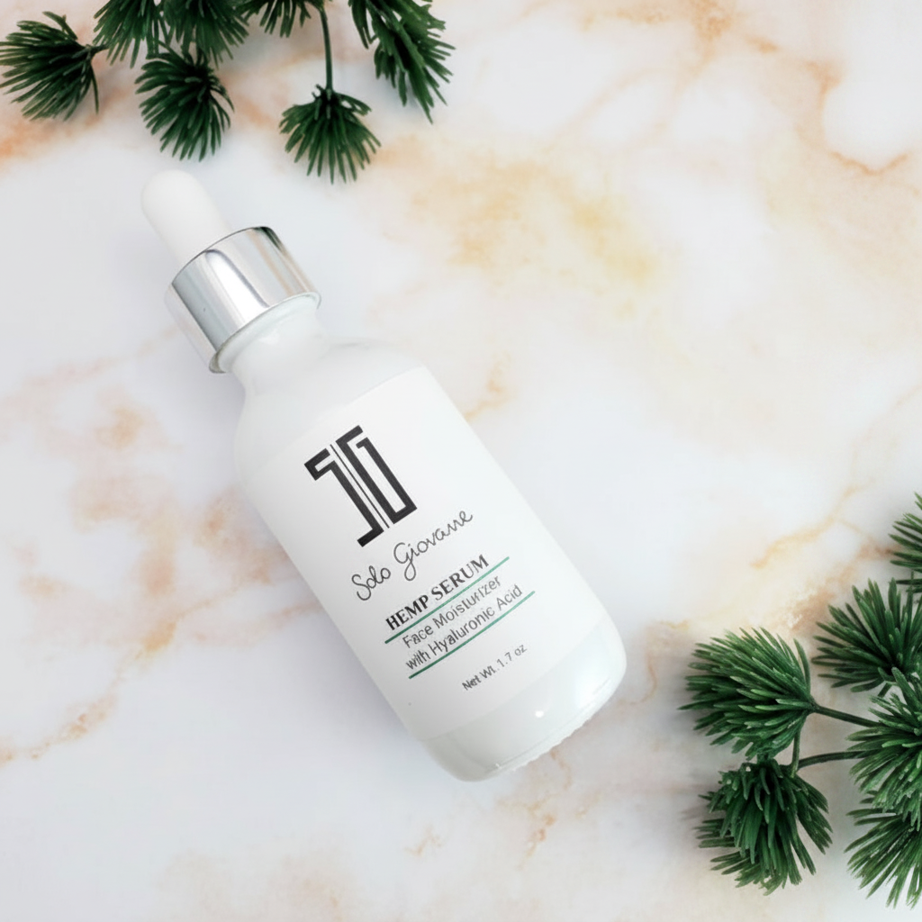 SG Hemp Serum Balancing Facial Serum 60ml — white dropper bottle flat lay on marble with pine branches — Glow Ritual
