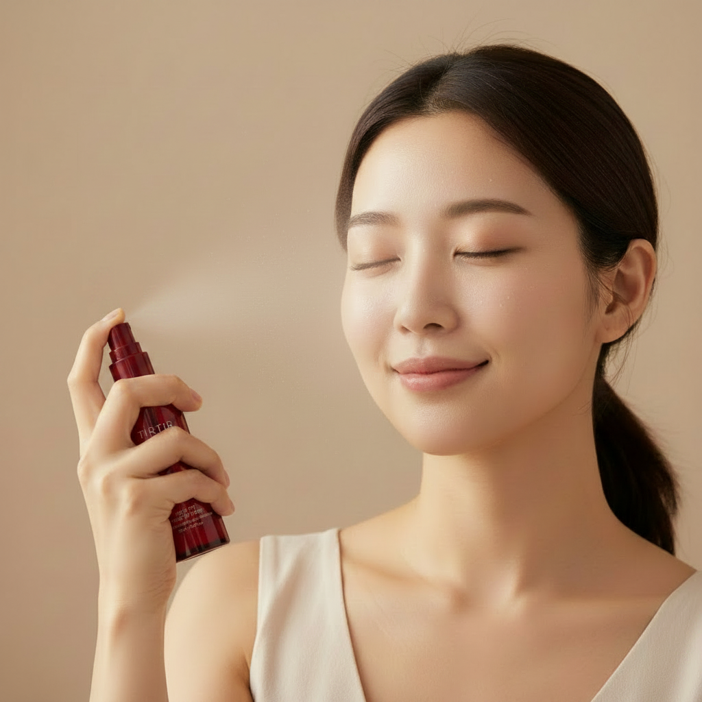 Korean model spraying TIRTIR Mask Fit Make-up Fixer mist – beige background makeup fixer spray scene
