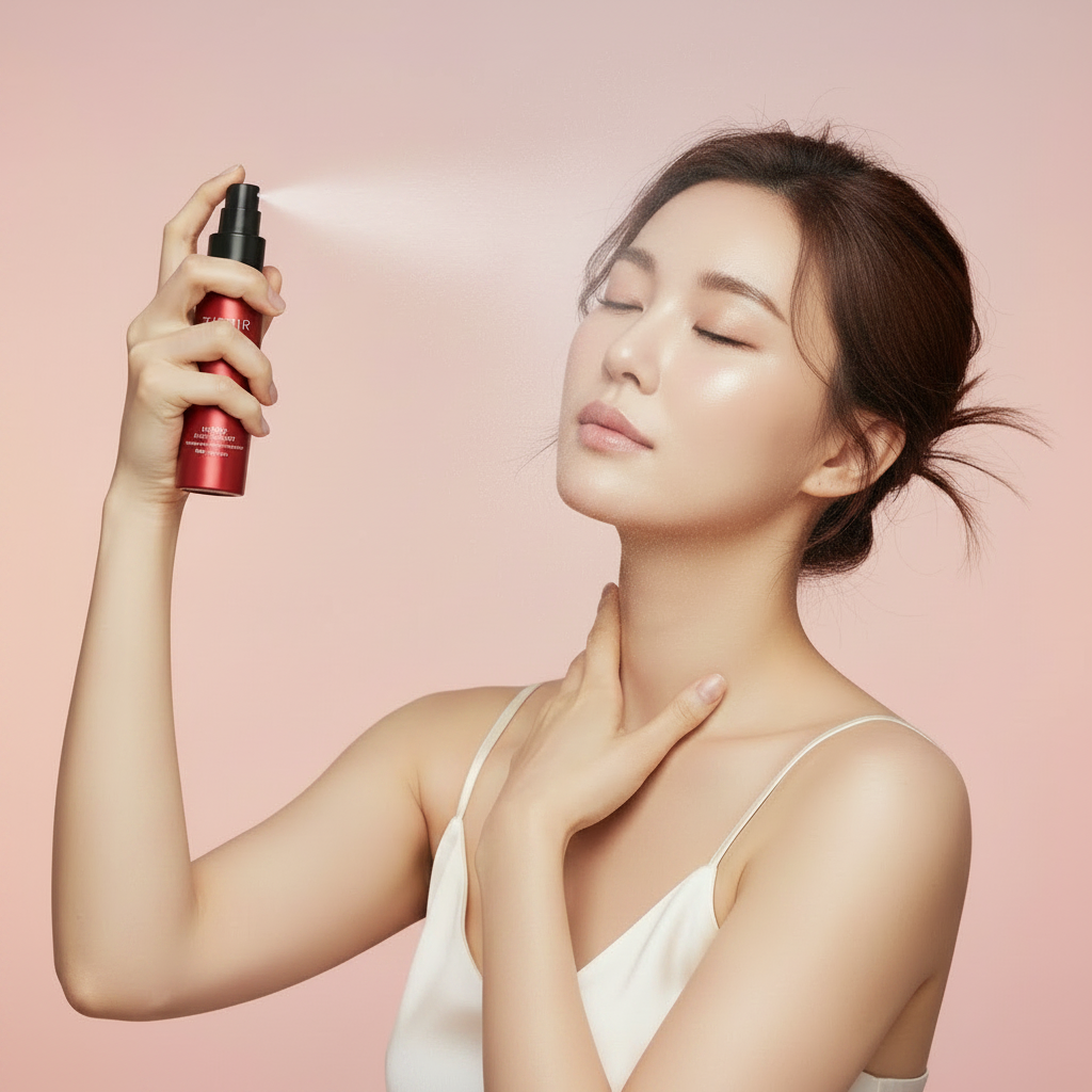 Korean model spraying TIRTIR Mask Fit Make-up Fixer fine mist – refreshing makeup setting spray
