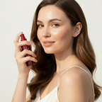 Western model holding TIRTIR Mask Fit Make-up Fixer 80ml red spray bottle – long-lasting makeup fixer
