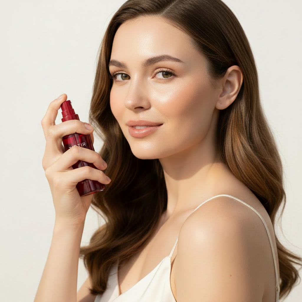 Western model holding TIRTIR Mask Fit Make-up Fixer 80ml red spray bottle – long-lasting makeup fixer
