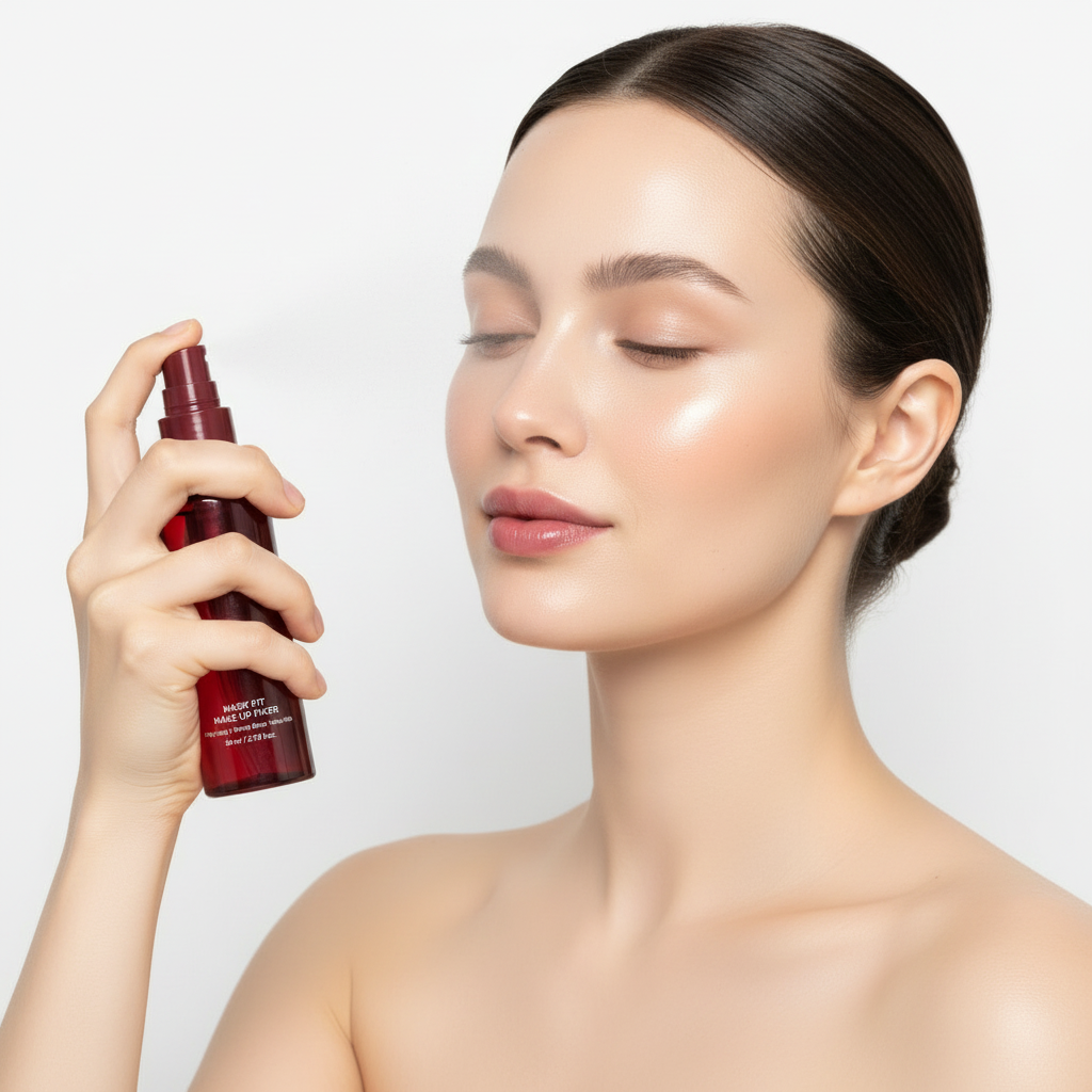 Western model spraying TIRTIR Mask Fit Make-up Fixer mist on face – makeup setting spray in action
