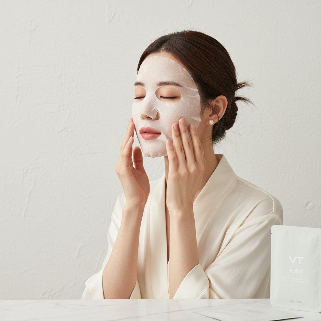 VT PDRN Daily Mask 30 Sheets – Elegant Asian woman applying white sheet mask, adjusting fit with both hands, premium Korean skincare

