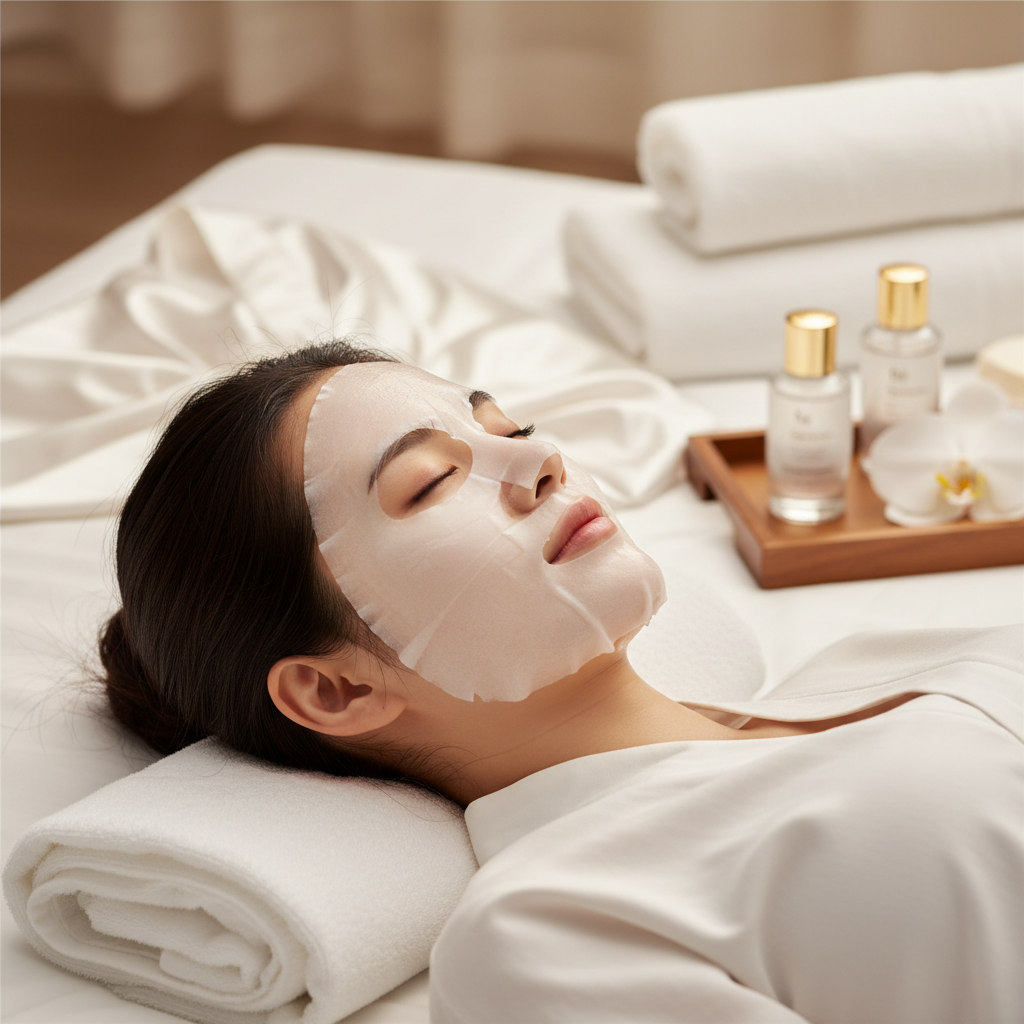 VT PDRN Daily Mask 30 Sheets – Asian woman lying down with sheet mask in luxury spa, PDRN ceramide skin barrier treatment
