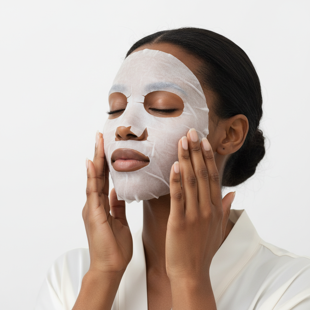 VT PDRN Daily Mask 30 Sheets – Black woman applying VT PDRN sheet mask with both hands, Korean skincare daily hydration routine
