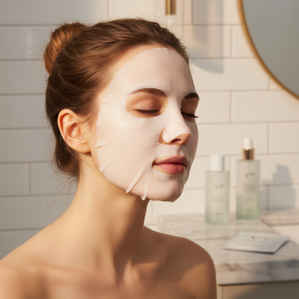 VT PDRN Daily Mask 30 Sheets – Western woman applying white sheet mask, PDRN daily hydration Korean skincare routine

