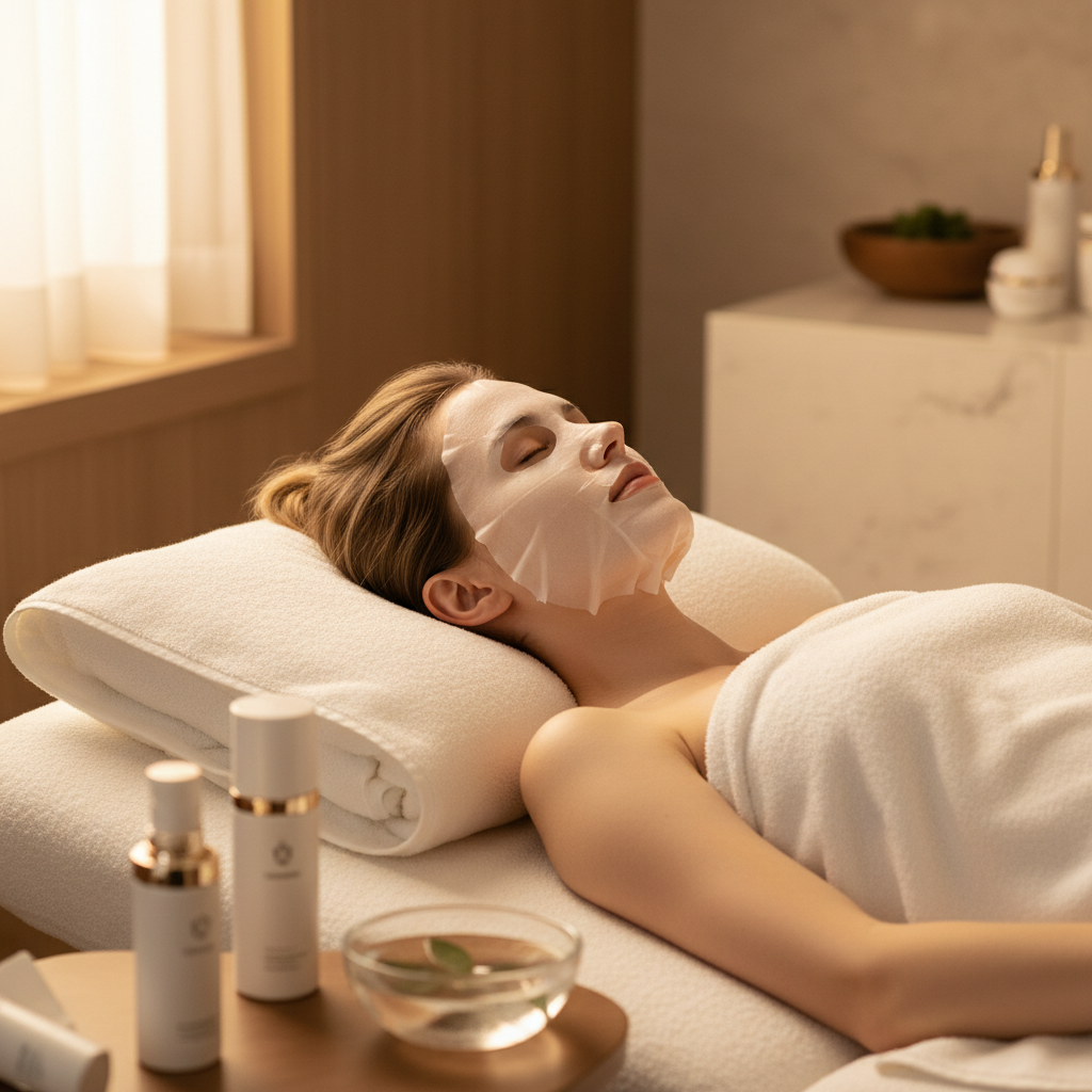 VT PDRN Daily Mask 30 Sheets – Western woman relaxing with sheet mask in spa setting, Korean skincare luxury lifestyle

