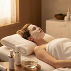 VT PDRN Daily Mask 30 Sheets – Western woman relaxing with sheet mask in spa setting, Korean skincare luxury lifestyle

