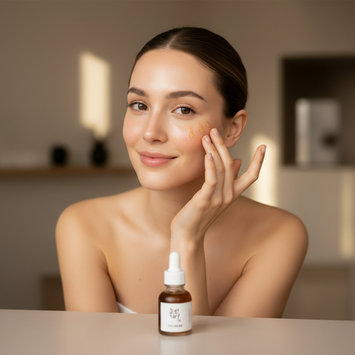 Western woman in her 20s applying Beauty of Joseon Revive Serum with fingertips, radiant glowing complexion

