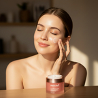 Western woman in her 20s applying MEDICUBE Collagen Jelly Cream with fingertips, plump radiant glowing complexion
