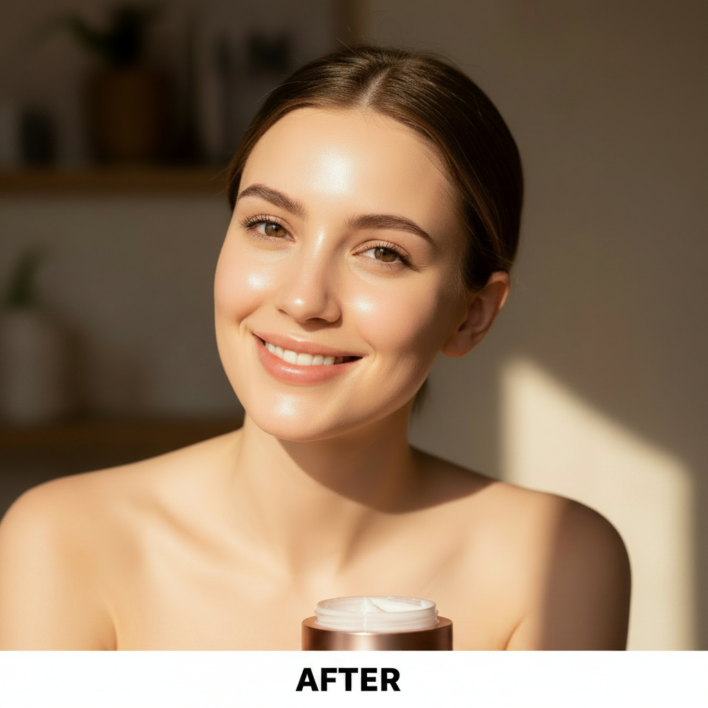 Western woman in her 20s – AFTER using MEDICUBE Collagen Jelly Cream, radiant glowing even-toned skin
