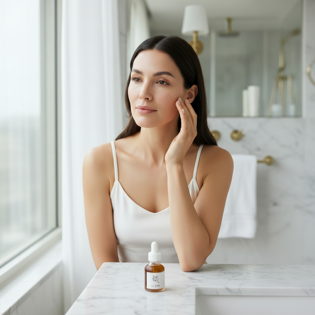 Western woman in her 30s applying Beauty of Joseon Ginseng Snail Mucin Serum, healthy luminous skin
