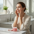 Western woman in her 30s patting MEDICUBE Collagen Jelly Cream onto her face, firm luminous healthy skin
