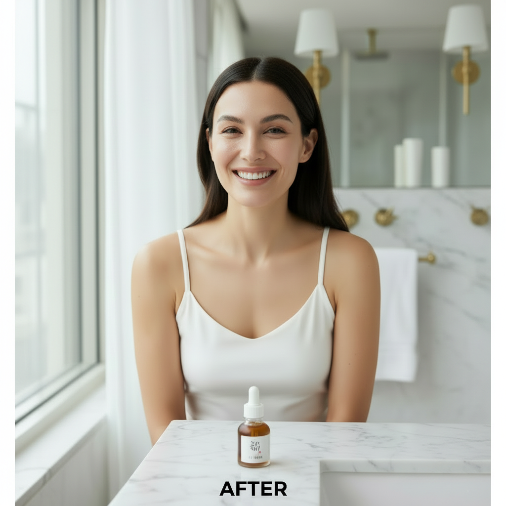 Western woman in her 30s – AFTER using Beauty of Joseon Revive Serum, bright smiling luminous skin

