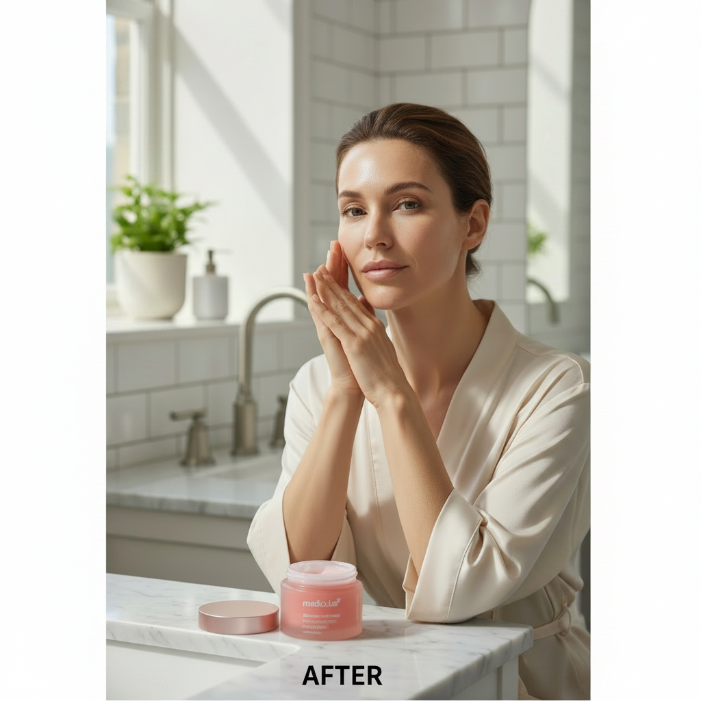 Western woman in her 30s – AFTER using MEDICUBE Collagen Jelly Cream, luminous firm skin with gentle smile
