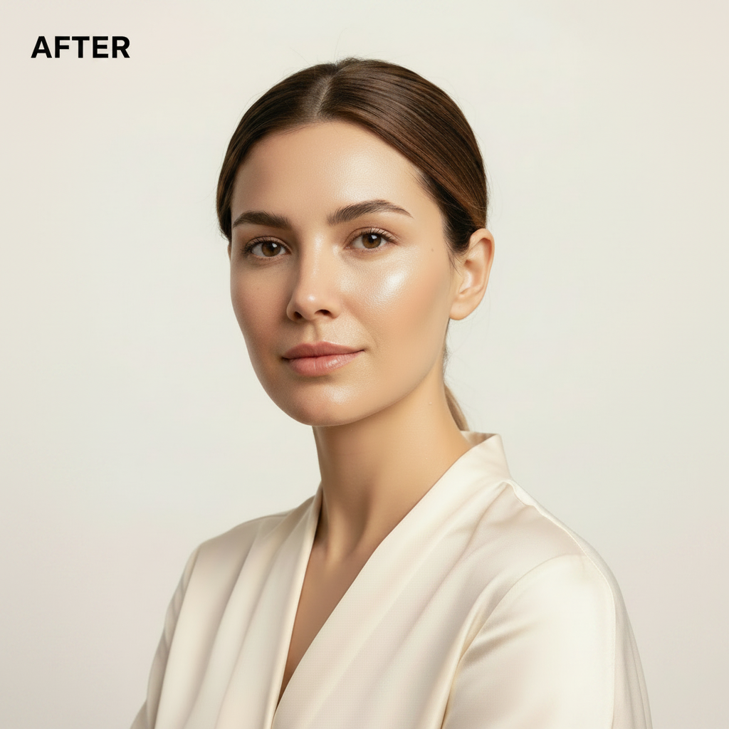 Western woman – AFTER using Biodance Collagen Peptide Jelly Serum Mist, radiant glowing bouncy skin
