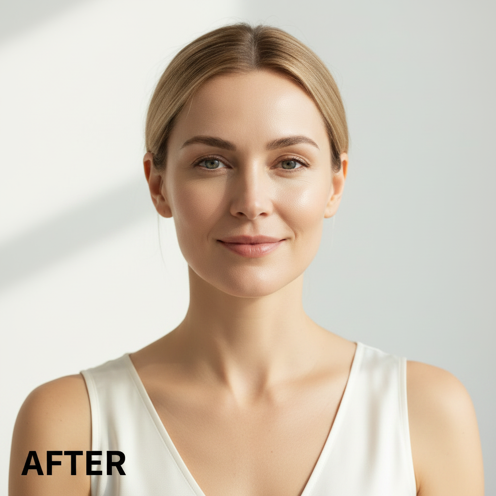 MEDICUBE Collagen Framing Sun Cream 50ml – Western model AFTER with visibly firmer glowing radiant skin after collagen SPF sun cream routine
