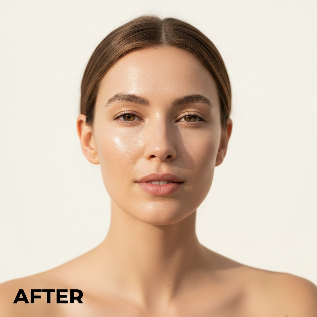 Anua Zero-Cast Moisturizing Finish Sunscreen 50ml – Western model AFTER with visibly radiant even skin tone after zero-cast moisturizing sunscreen routine
