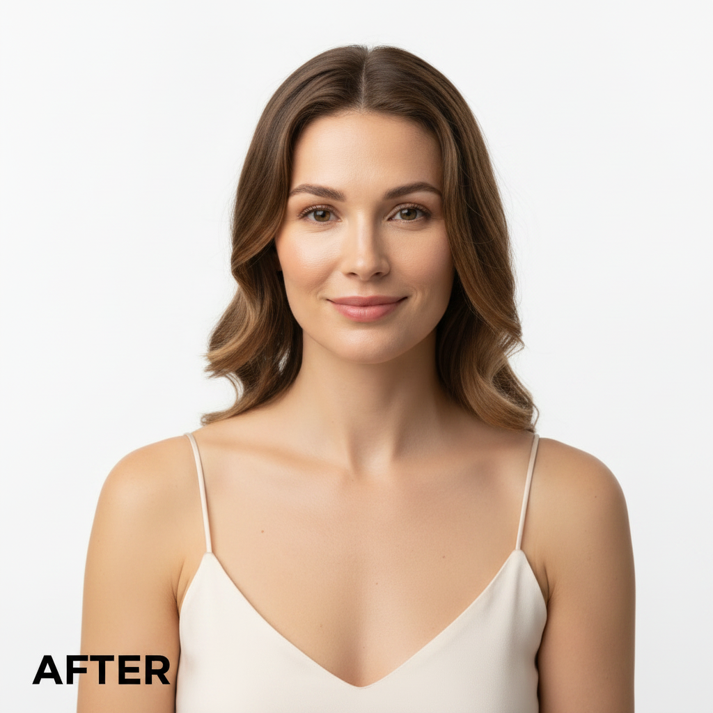Anua Zero-Cast Moisturizing Finish Sunscreen 50ml – Western model AFTER with luminous dewy complexion and no white cast after Anua moisturizing sunscreen

