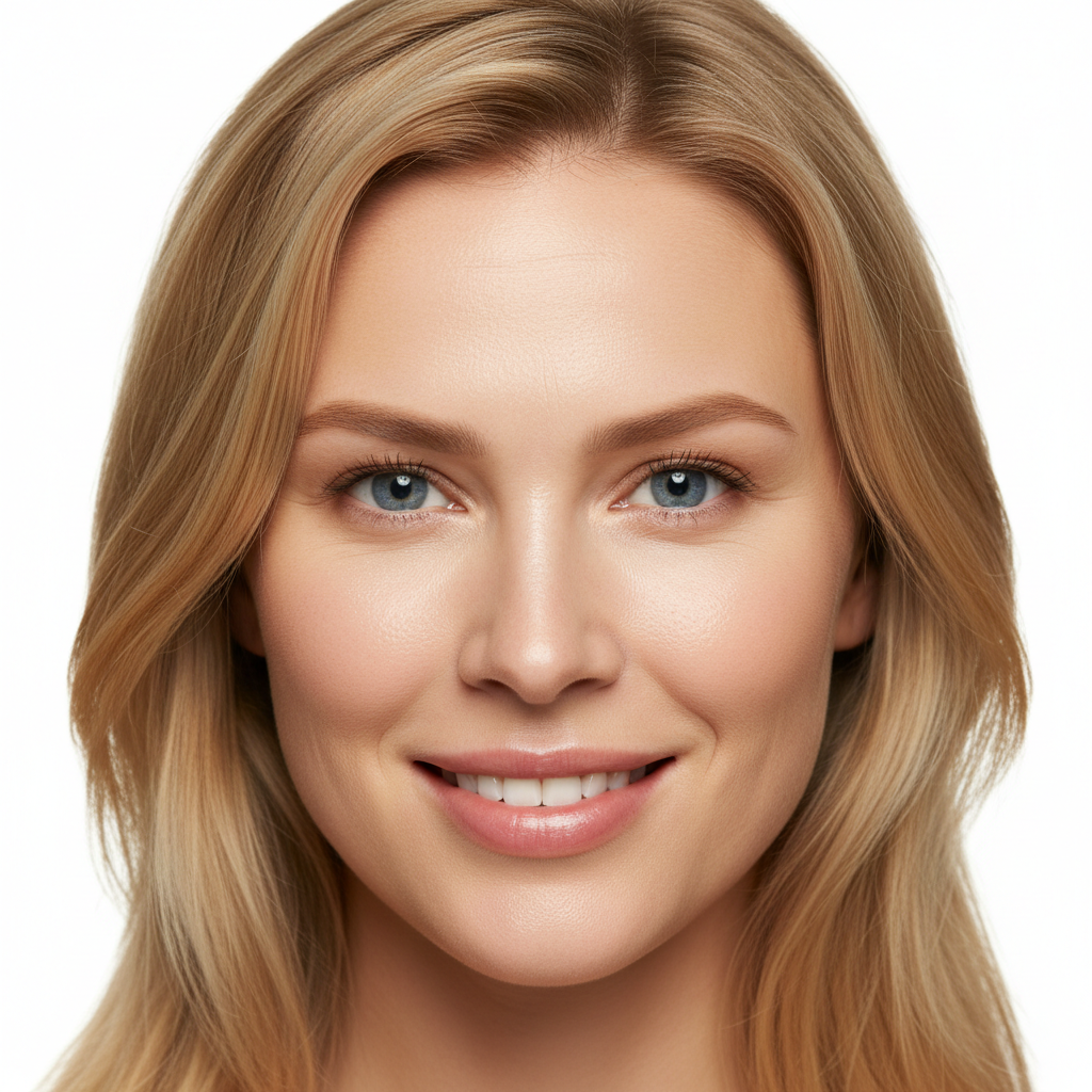 Western woman with blonde hair showing radiant clear glowing skin after using Platinum Lux Vitamin C Serum, front-facing portrait, luminous even complexion, natural premium skincare result
