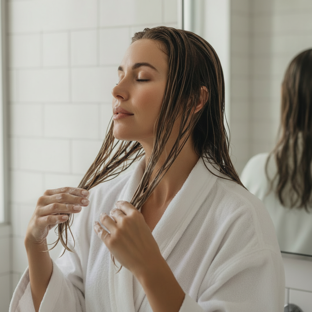 Western woman working COSRX Peptide-132 hair treatment through wet hair strands in white tile bathroom
