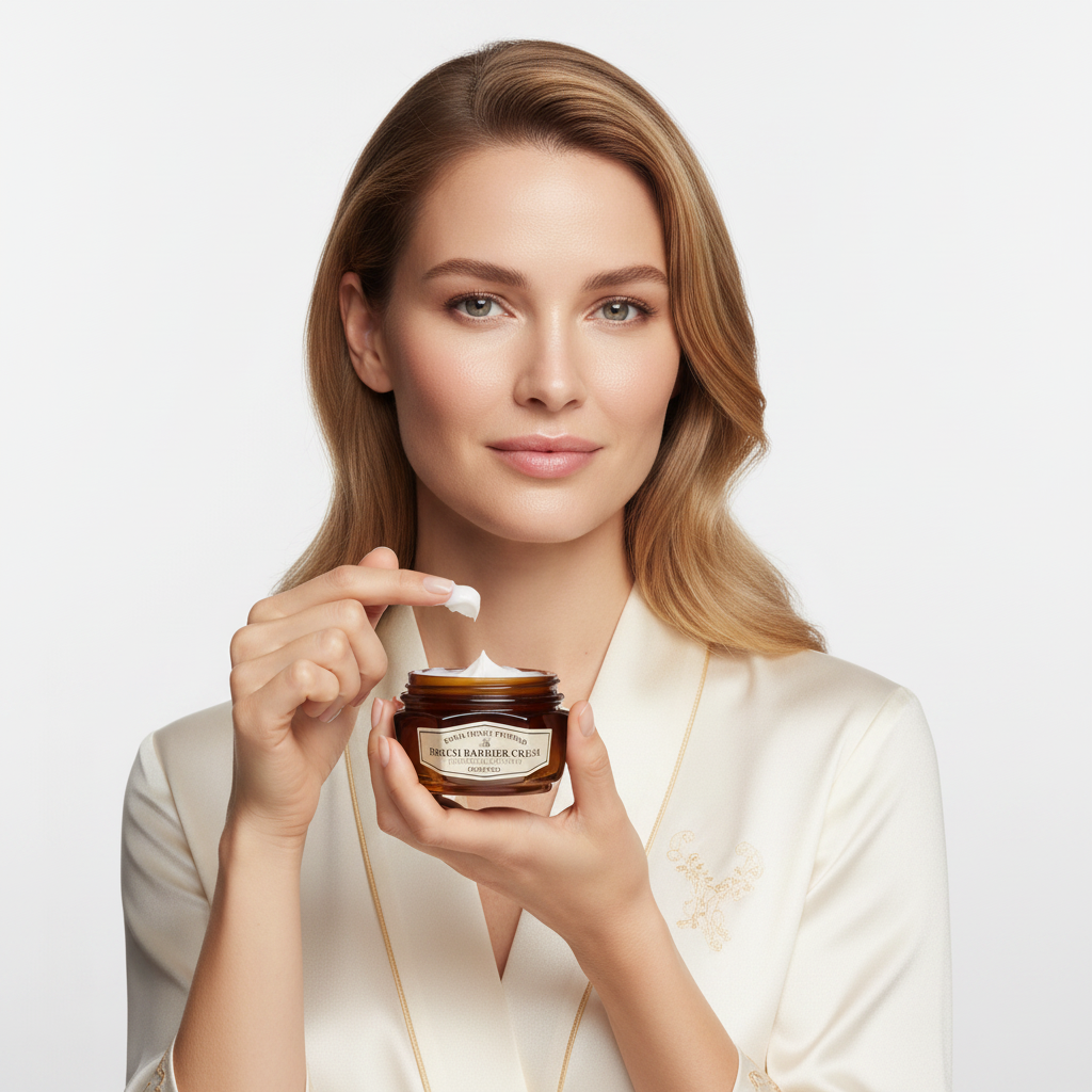 Western woman applying SKINFOOD Royal Honey Propolis Barrier Cream to face
