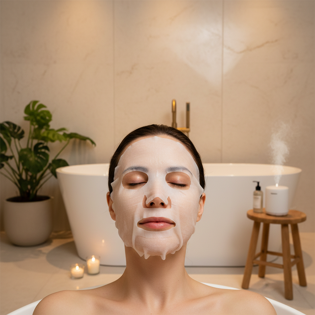 Western woman wearing I'm From Vitamin Tree white sheet mask, spa skincare routine
