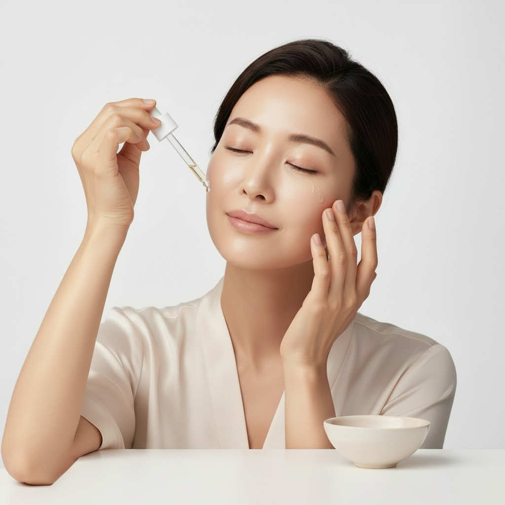 IOPE Retinol Serum dropper application – Western model patting cheek with eyes closed, white ceramic bowl on table

