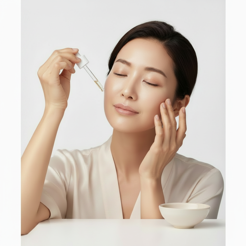 IOPE Expert Retinol Super Bounce Serum dropper lifestyle shot – Western model skincare routine, serene expression

