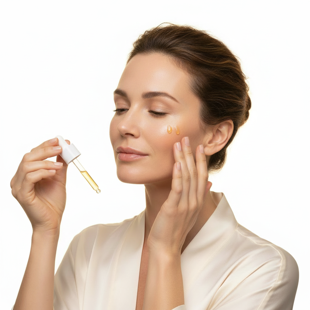Western woman applying IOPE Expert Retinol Super Bounce Serum dropper to cheek, glowing dewy skin
