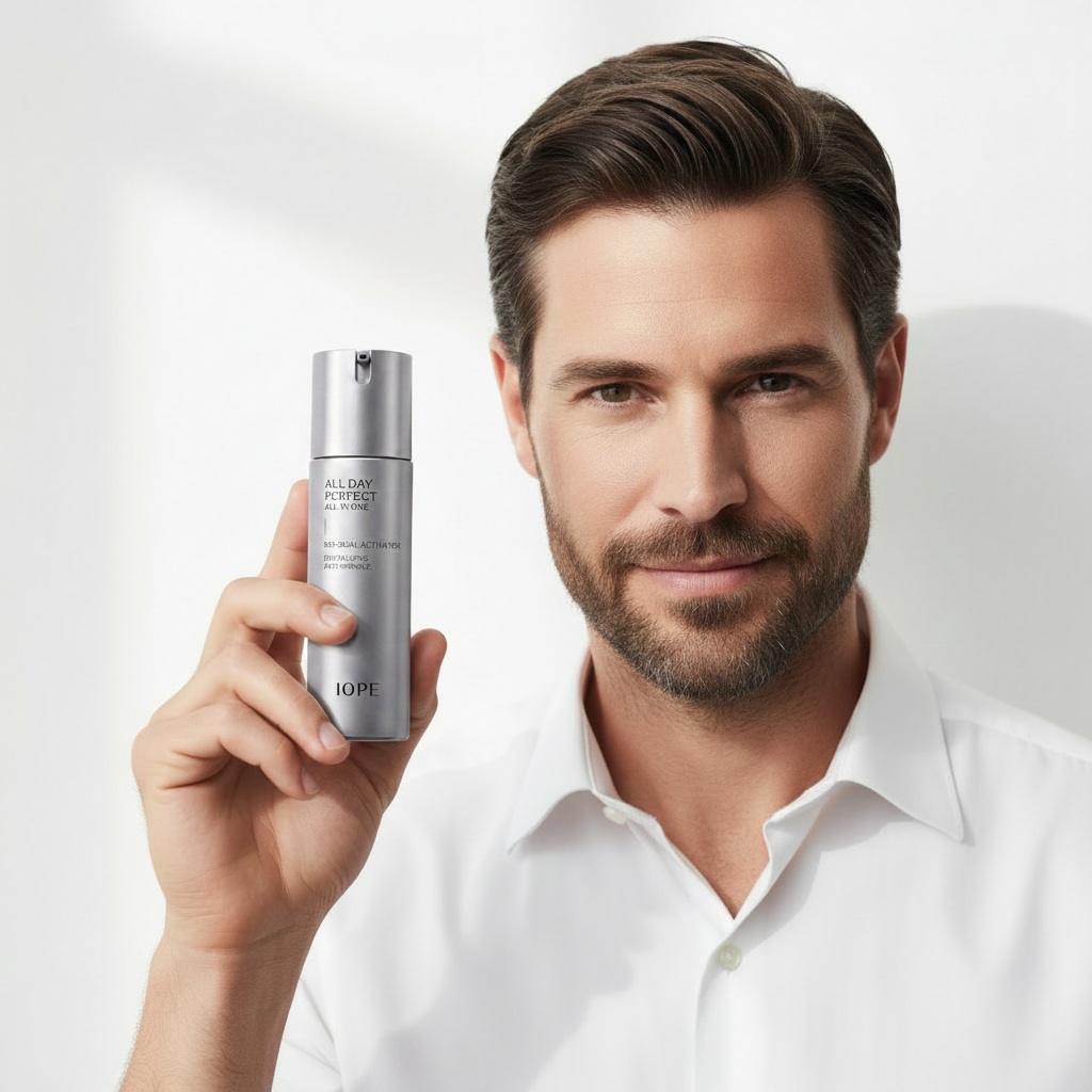 Western man holding IOPE Men All Day Perfect All-in-One silver bottle with confident smile, radiant healthy skin
