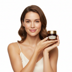 Western woman holding SKINFOOD Royal Honey Propolis Enrich Barrier Cream for nourished skin
