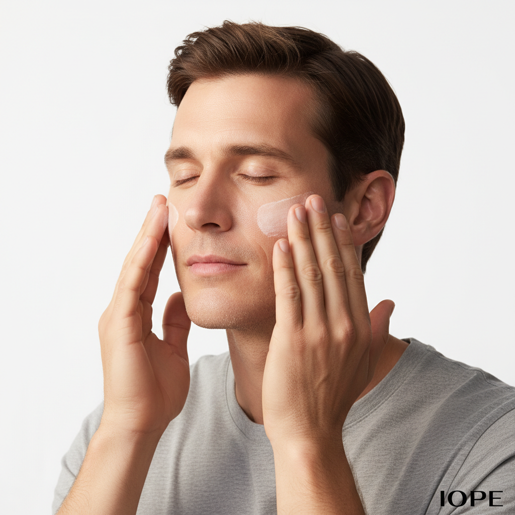 IOPE Men All Day Perfect All-in-One 120ml - Western man naturally applying all-in-one skincare with fingertips IOPE
Western male IOPE branding