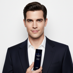 Caucasian male model holding IOPE Men Bio Conditioning Essence 145ml bottle, healthy glowing skin, Korean men's skincare editorial
