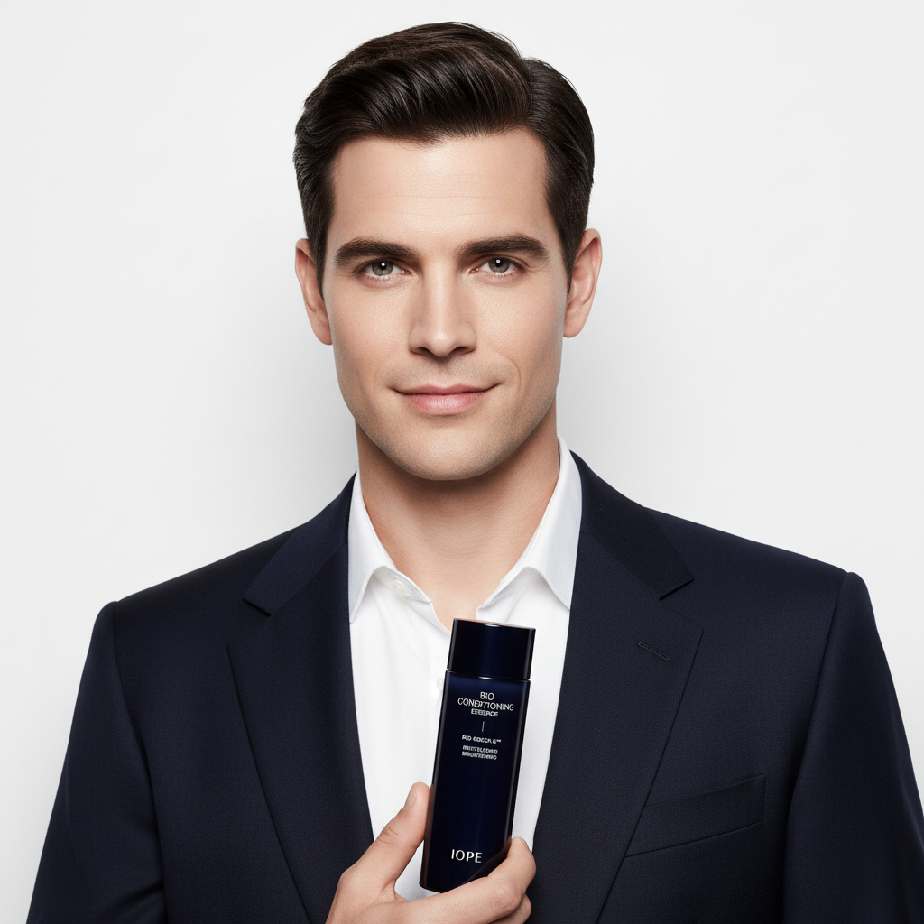 Caucasian male model holding IOPE Men Bio Conditioning Essence 145ml bottle, healthy glowing skin, Korean men's skincare editorial
