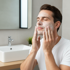 Western male model cleansing face with IOPE Men Perfect All In One Cleanser foam
