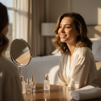 Western woman smiling at mirror reflection with radiant glowing skin after using SKINFOOD Rice Brightening Serum, K-beauty lifestyle
