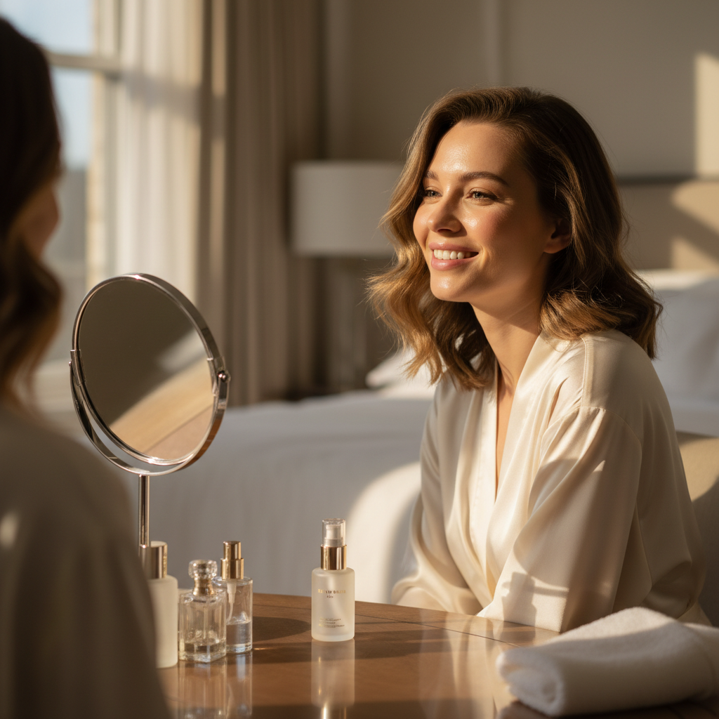 Western woman smiling at mirror reflection with radiant glowing skin after using SKINFOOD Rice Brightening Serum, K-beauty lifestyle
