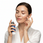 Western woman applying Russell Organics Phyto-5 Peptide Serum onto her cheek, firming anti-aging skincare routine — Glow Ritual
