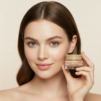 Caucasian woman holding SKINFOOD Salmon Dark Circle Concealer Cream for bright wide-awake under-eye coverage
