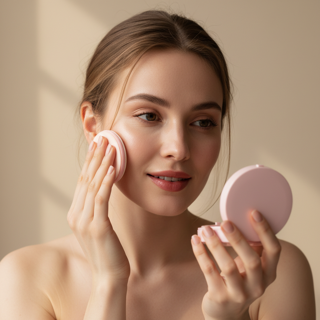 Western model applying TIRTIR Mini All Cover Pink Cushion with puff on cheek – natural dewy coverage
