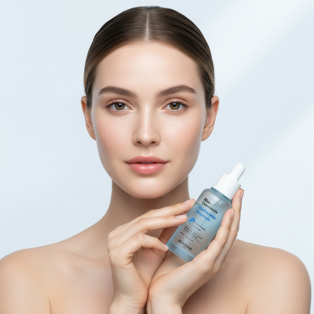 Caucasian woman holding SKINFOOD Blue Chamomile Hyaluronic Ampoule for sensitive dehydrated skin hydration
