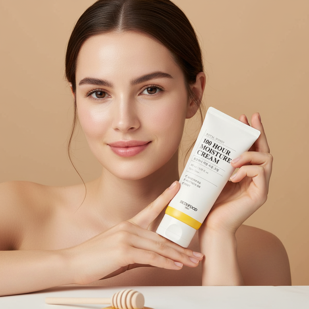 Caucasian woman holding SKINFOOD Royal Honey 100 Hour Moisture Cream tube for dry sensitive skin care
