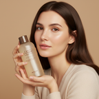 Caucasian woman holding SKINFOOD Carrot Carotene Soothing Toner 300ml for sensitive skin hydration

