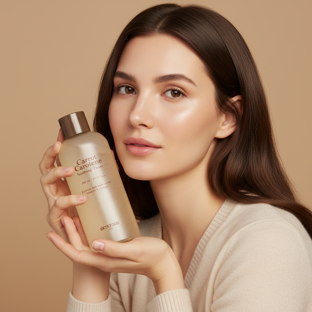 Caucasian woman holding SKINFOOD Carrot Carotene Soothing Toner 300ml for sensitive skin hydration
