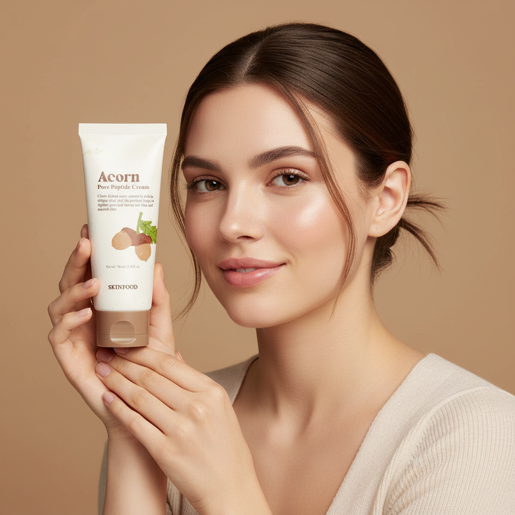 Caucasian woman holding SKINFOOD Acorn Pore Peptide Cream for pore tightening and firming skincare
