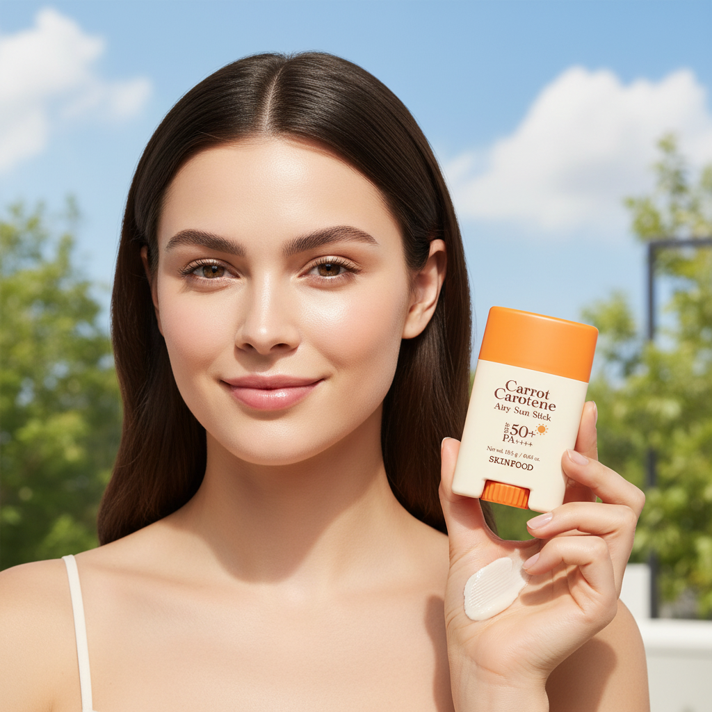 Caucasian woman holding SKINFOOD Carrot Carotene Airy Sun Stick for lightweight SPF sun protection outdoors
