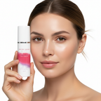 Western woman holding Superfood Oil Serum bottle close-up, dewy glowing skin, premium beauty photography

