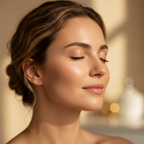 Western woman with glowing radiant skin after applying Superfood Oil Serum, luxury skincare editorial
